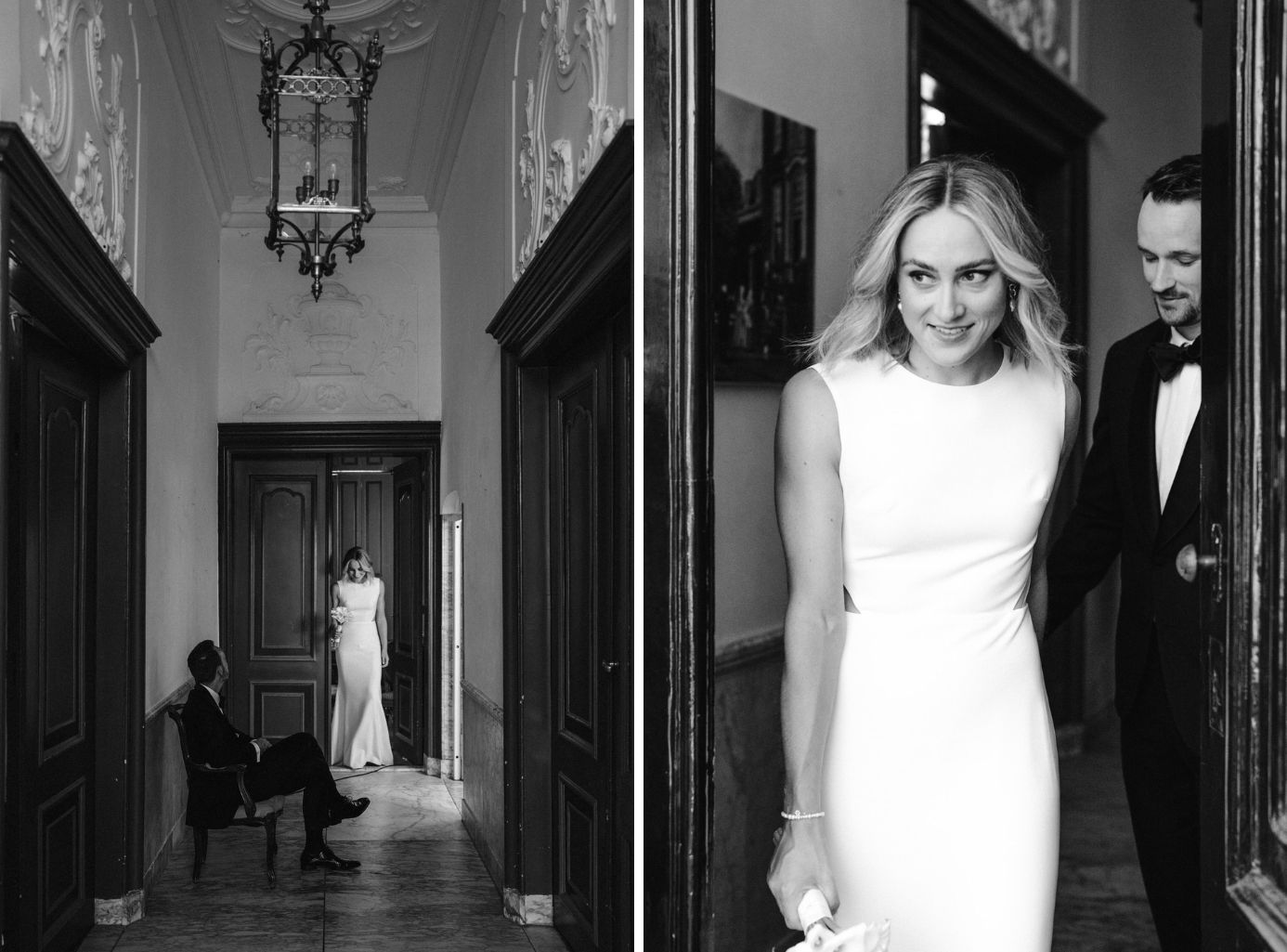Bride and groom in black tie outfits